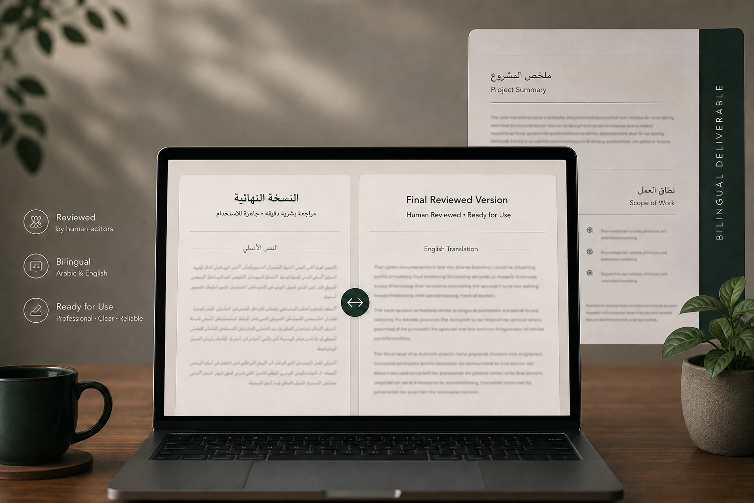 A bilingual final reviewed version displayed on a laptop in a polished professional workspace.