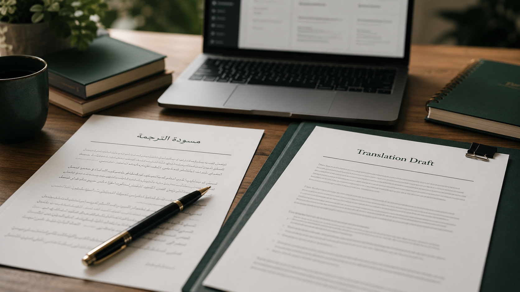 Arabic and English translation drafts arranged on a professional desk beside a laptop.