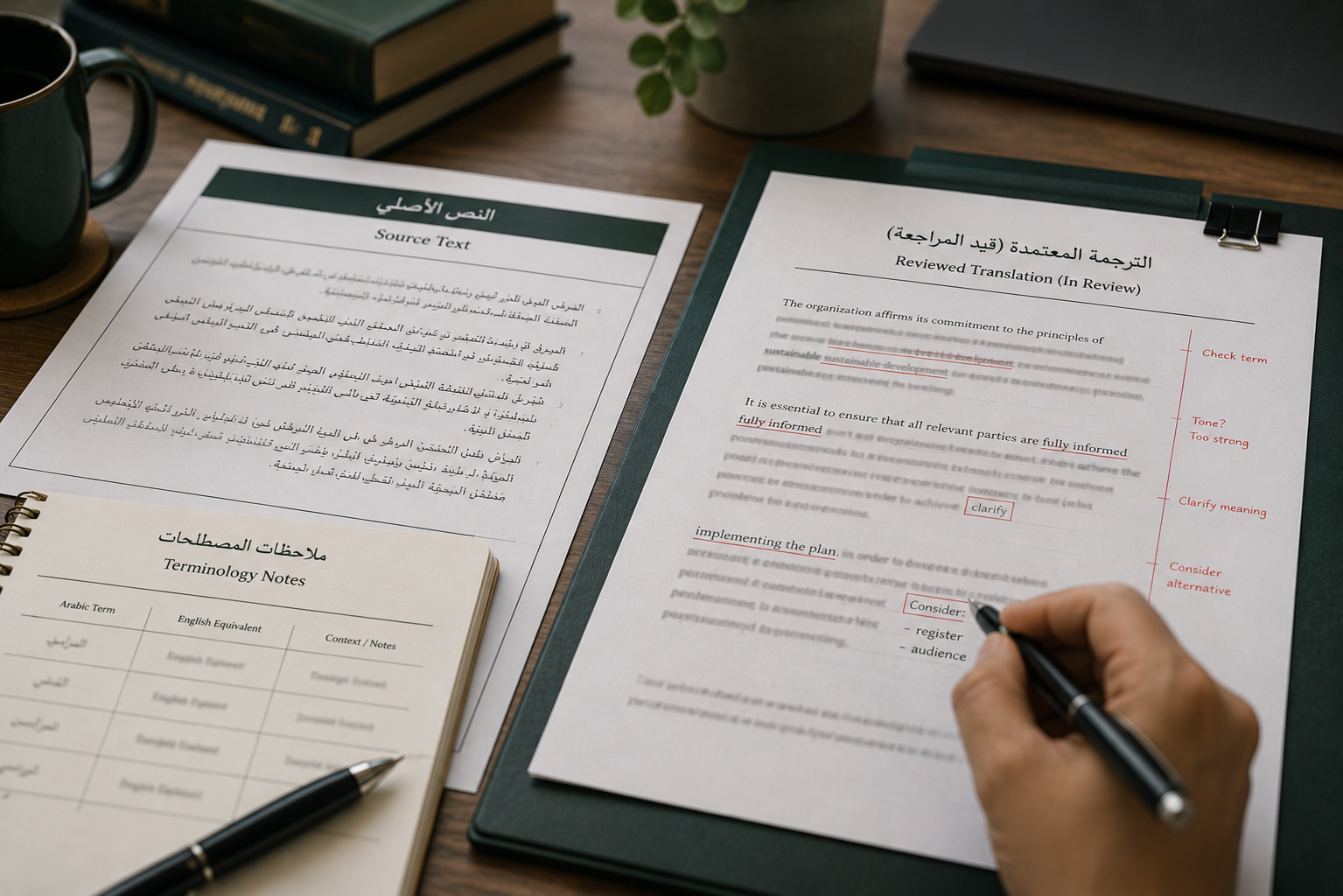 Arabic source text and an English translation under human review with terminology notes and editorial annotations.