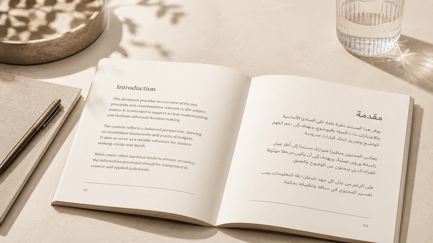 Open bilingual document with Arabic and English pages on a neutral desk.
