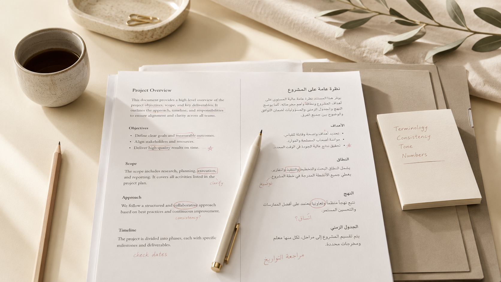 Bilingual Arabic-English proofs with editorial annotations and proofreading marks on a desk.